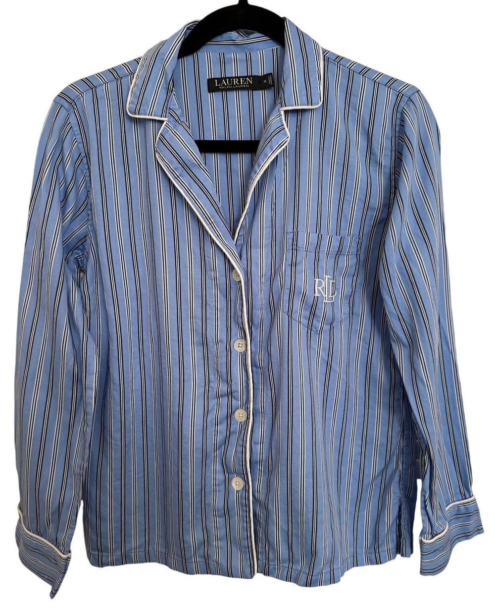 Ralph Lauren Blue Stripe Button Pajama Top Embiordered Logo Petite Small Lounge